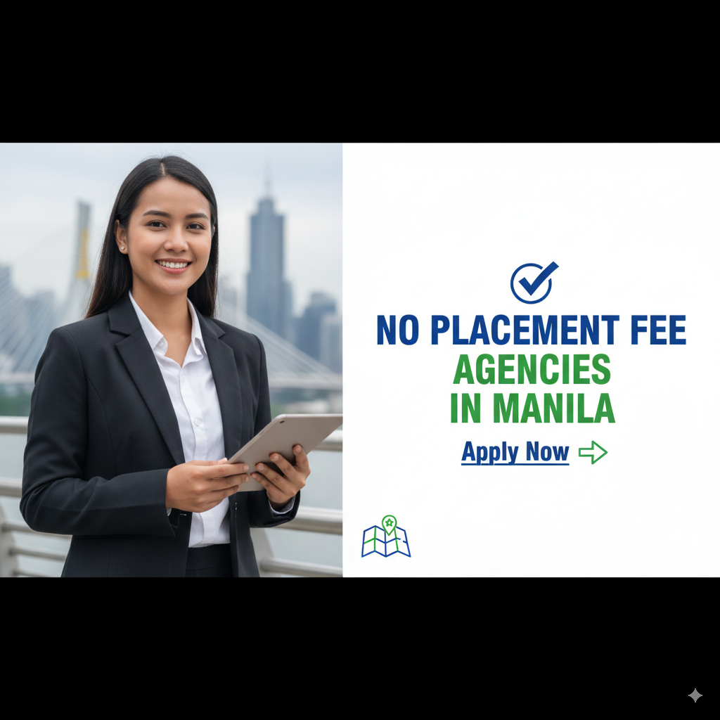 create a feature image using- No Placement Fee Agencies in Manila — Apply Now. add a picture of man or woman to make it more professional